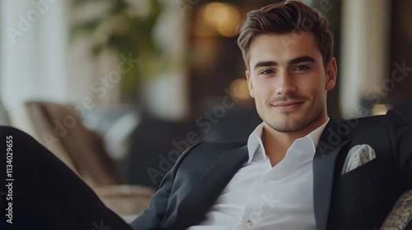 Fototapeta handsome man in suit relaxing in luxury hotel