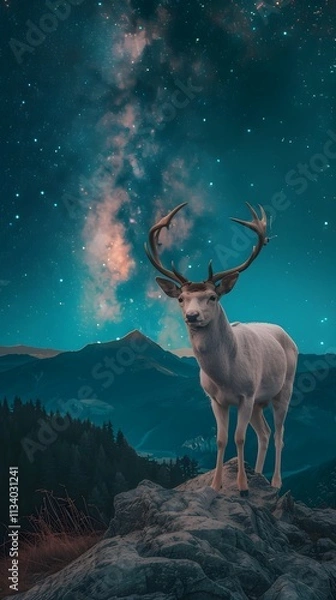 Fototapeta A majestic white deer with perfect antlers, on the mountain and the view of the stars in the beautiful sky