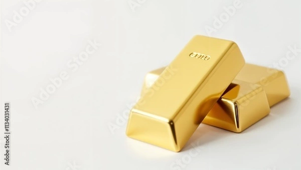 Fototapeta three large gold bars on table. Precious metal on white background. Banner with copy space