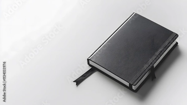 Fototapeta Closed black notebook with ribbon bookmark on white background.