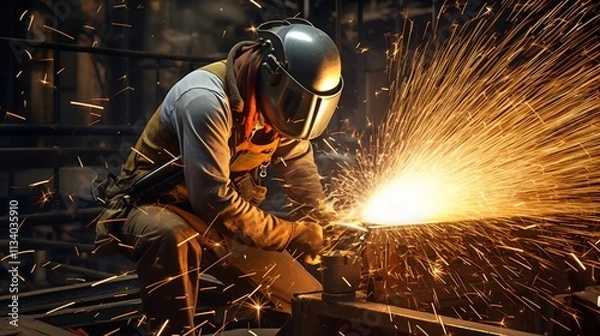 Obraz Skilled steelworker using a welding torch to precisely cut through a thick steel plate with bright sparks and intense flames illuminating the industrial work environment