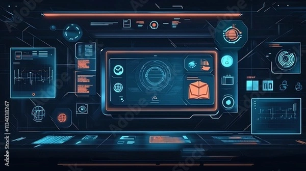 Fototapeta Futuristic Smart Device Interface Showcasing Educational Icons in a Holographic Lecture Setting