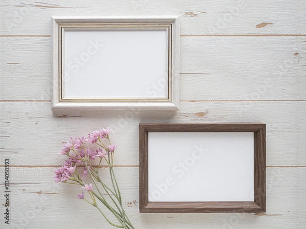 Obraz フォトフレームのモックアップ白木背景

