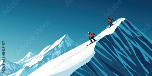 Obraz Extreme skiing adventure on snow-capped mountain peaks high altitude digital illustration vibrant atmosphere aerial perspective