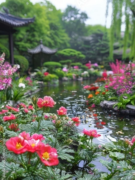 Fototapeta the AI Image Generator, Garden Landscape With Blossoming Flowers