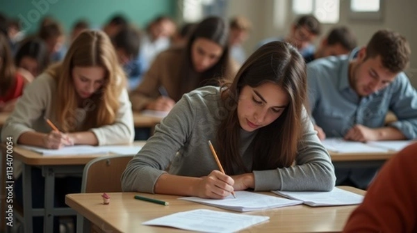 Fototapeta busy exam room filled with students taking their final exams, with papers, pencils, and focused expressions
