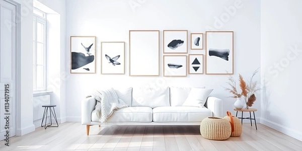 Fototapeta Modern minimalist living room decor with monochrome art prints and a cozy white sofa