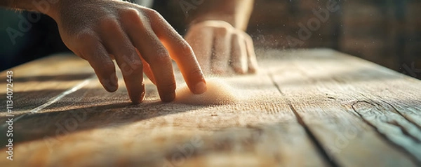 Obraz Hand wiping dust off a wooden table.