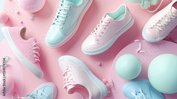 Obraz Stylish flat-lay composition of pastel-colored sneakers on a creative soft pink background.
