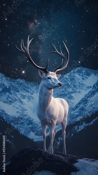 Fototapeta A majestic white deer with perfect antlers, on the mountain and the view of the stars in the beautiful sky