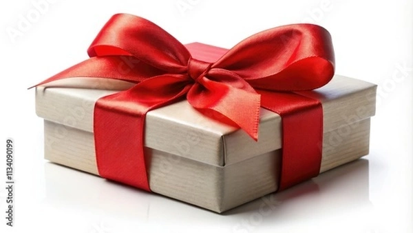 Fototapeta Elegant red ribbon adorns a gift box, pristine white background, showcasing luxurious present packaging.