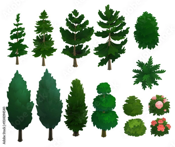 Obraz Isometric trees, bushes, and flowers