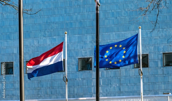 Obraz Flag Netherlands European Union flutter wind blue together sun sunny