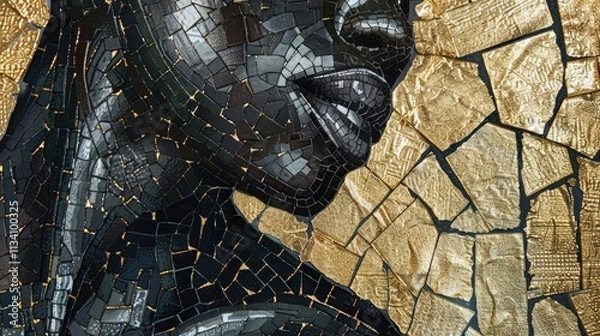 Fototapeta black and gold mosaic of black woman body with golden accents, close up, high detail, smooth shading, intricate details, hyper realistic