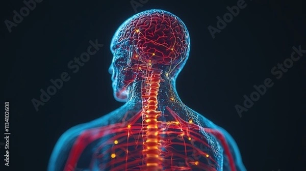 Fototapeta A digital illustration of a human figure showcasing glowing neural pathways and a visible spine, emphasizing the body's complexity and interconnectedness.