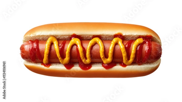 Fototapeta Top view Hot dog with ketchup and mustard, isolated on a white background. isolated on a transparent background. PNG format for graphic design.