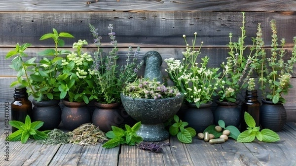 Fototapeta Assortment of fresh herbs in pots with mortar and pestle, essential oils, and dried herbs on wooden background.