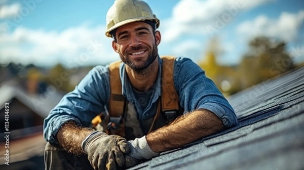 Obraz Smiling construction worker on a roof