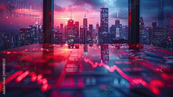 Obraz Aerial view of a bustling futuristic city with bright red and blue lights.