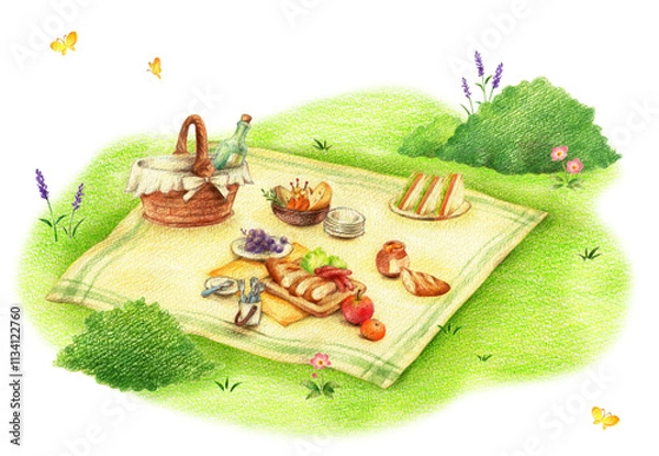 Fototapeta 緑の野原で広げられたピクニックのお弁当　手描き色鉛筆画