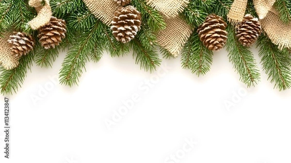 Fototapeta Festive Christmas border with pine cones, fir branches, and burlap ribbon on white.