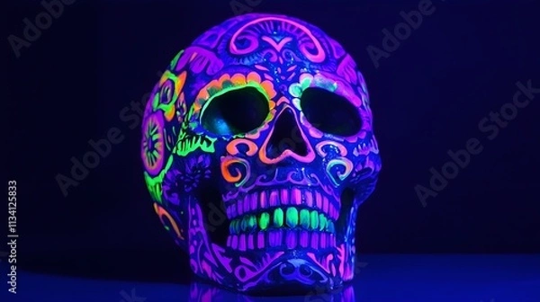 Fototapeta A vibrant sugar skull glowing in the dark, featuring intricate neon purple and green patterns that stand out against a black backdrop 