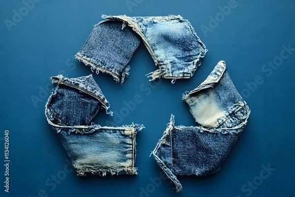 Fototapeta A photograph of an upcycled denim shirt and trousers, worn out but clean, forming the shape of a recycle symbol on a blue background