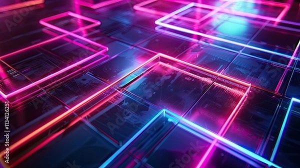 Fototapeta Geometric neon light grid with vibrant pink and purple hues, evoking a futuristic and dynamic design.