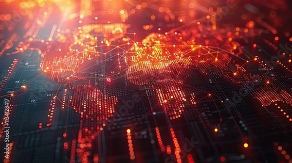 Obraz Advanced digital world map with glowing nodes and interconnected vibrant red network visuals.