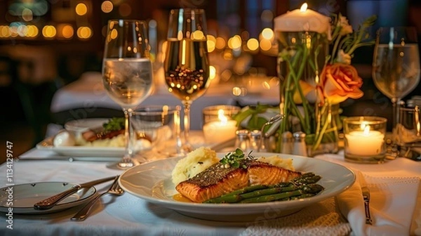 Obraz Luxurious restaurant table setting with a plated salmon meal and sparkling glassware.