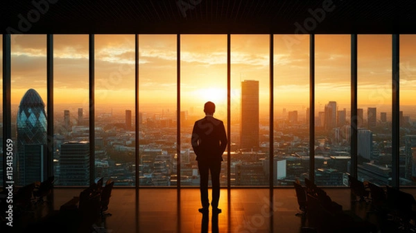 Fototapeta A silhouette of businessman stands against stunning sunset view from high rise office, showcasing vibrant city skyline. scene evokes sense of ambition and reflection