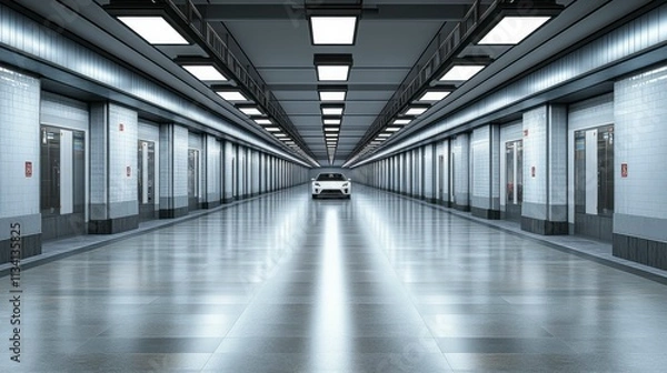 Fototapeta Abstract futuristic architecture with sleek lines and an expansive empty concrete floor, perfect for showcasing a car. High-detail 3D render for presentation purposes.