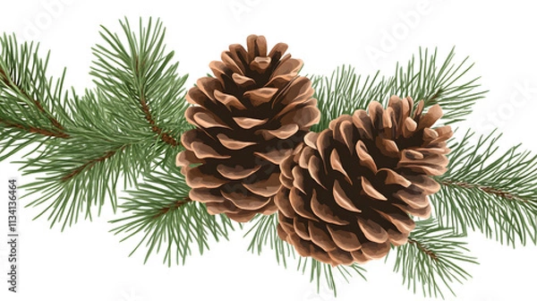 Fototapeta pine cones on branch, illustration on transparent, png. drawing of seasonal autumn green fir and cones. Autumn or fall
