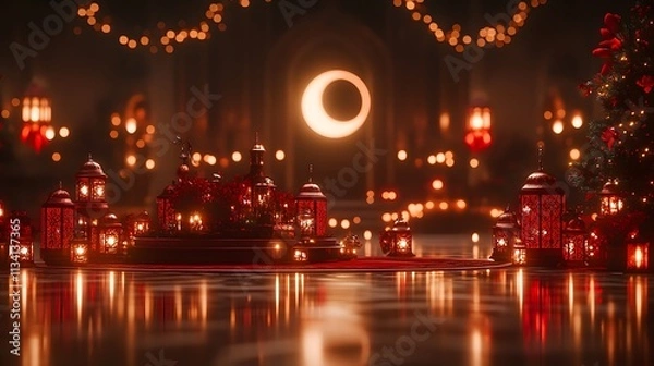 Fototapeta Festive lanterns, candles, and crescent moon illuminate a dark room, creating a warm, inviting atmosphere.