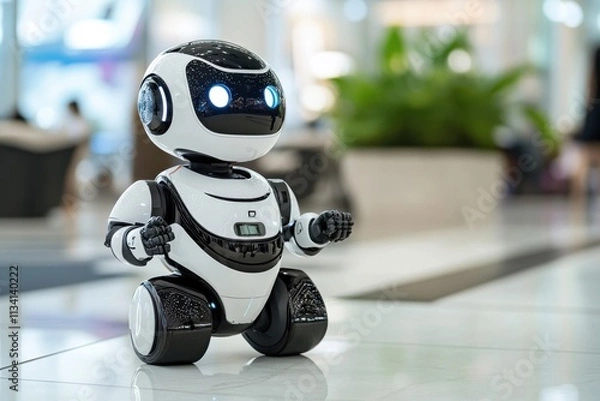 Fototapeta Cute futuristic robot with expressive blue eyes interacting in a modern indoor environment, showcasing advanced technology and playful design for innovative concepts