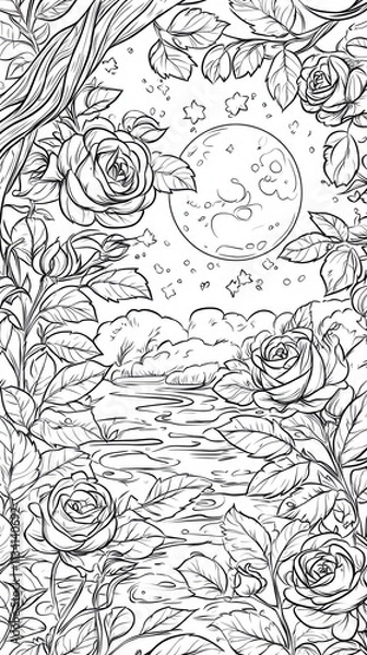 Obraz Moonlit Roses and River Landscape - Line Art Design