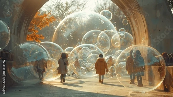 Fototapeta bubbles inside a concrete space with some people around