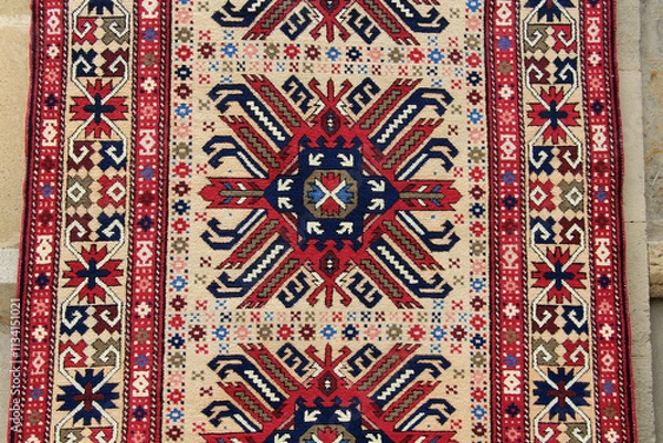Fototapeta Textures and patterns in color from woven carpets. Traditional motifs of Azerbaijani carpet and rug art.