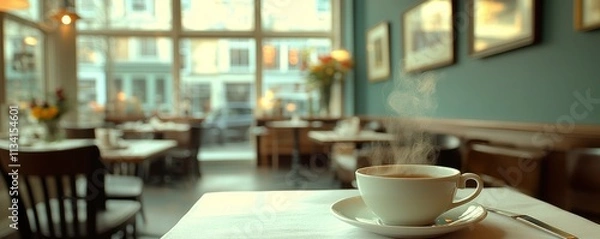 Obraz A steaming cup of coffee sits on a table in a cozy caf? setting.