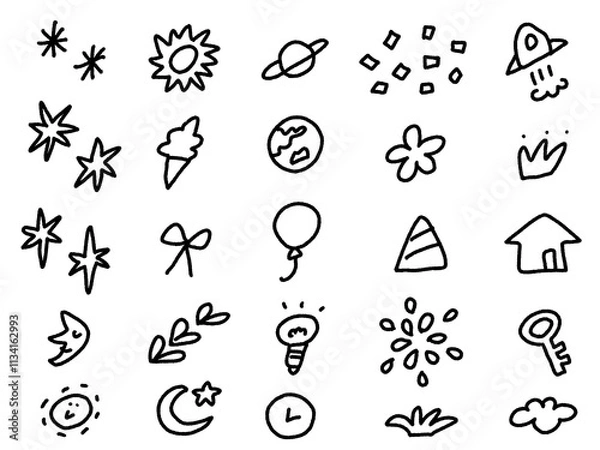 Fototapeta いたずら書き風のキラキラ・月・宇宙・花火・豆電球の可愛いアイコンセット