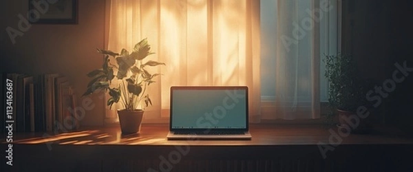 Fototapeta A serene workspace with a laptop and plants, illuminated by soft light.
