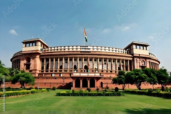 Fototapeta Majestic Circular Dome of Indian Parliament Building Against Blue Sky with Lush Green Lawns in the Foreground – A Panoramic View of Architectural Elegance.