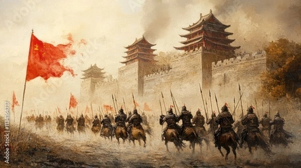 Fototapeta The China ancient army is preparing for battle. A formation of China ancient soldiers. Art.