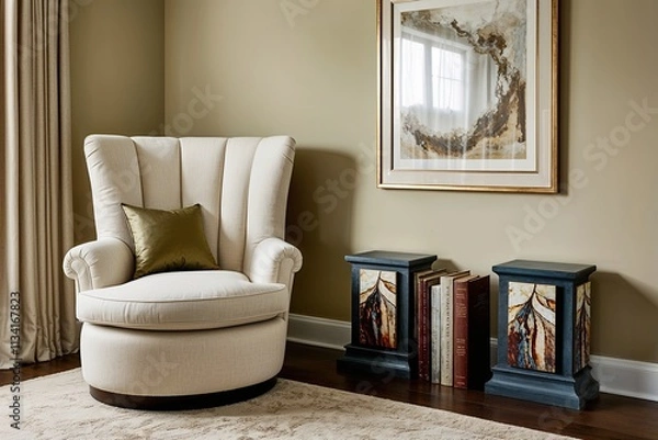 Fototapeta Cozy Reading Corner with Spacious Armchair and Creative Bookends in Soft Beige Decor