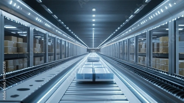 Fototapeta Futuristic Automated Warehouse with Conveyor Belt Transporting Packages in a High-Tech Environment Under Bright LED Lights