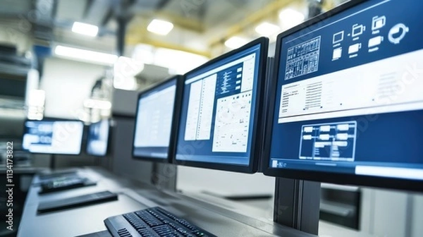 Fototapeta Modern Technology Workspace Featuring Multiple Monitors Displaying Various Technical Data and Graphical Information in a Bright Industrial Environment