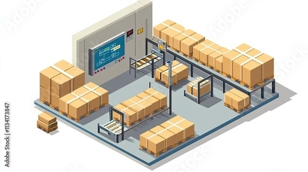 Fototapeta Modern warehouse interior featuring organized storage with cardboard boxes on pallets, automated conveyor system, and digital control panel for efficient logistics management.