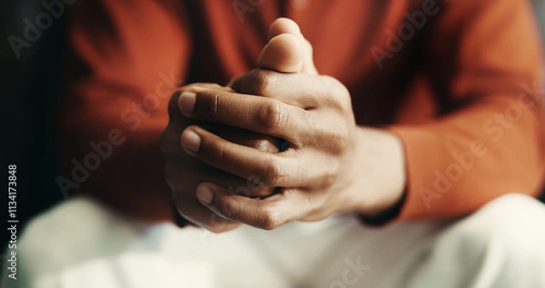Fototapeta Hands, man and worry as stress, anxiety and nervous for mental health, wellness and burnout for help. Person, mistake and frustrated in psychology for depression, therapy and conflict in consultation