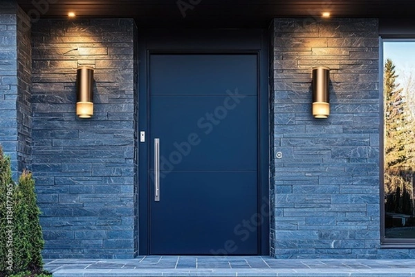 Fototapeta Deep navy front door paired with chic sconces for a sophisticated and bold entrance.