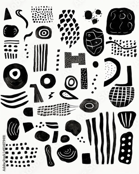 Fototapeta Black and white drawing of objects, geometric shapes in pencil and ink, minimalist pop art style, graffiti, bold black and white, pensive stillness, quantum punk, art design.